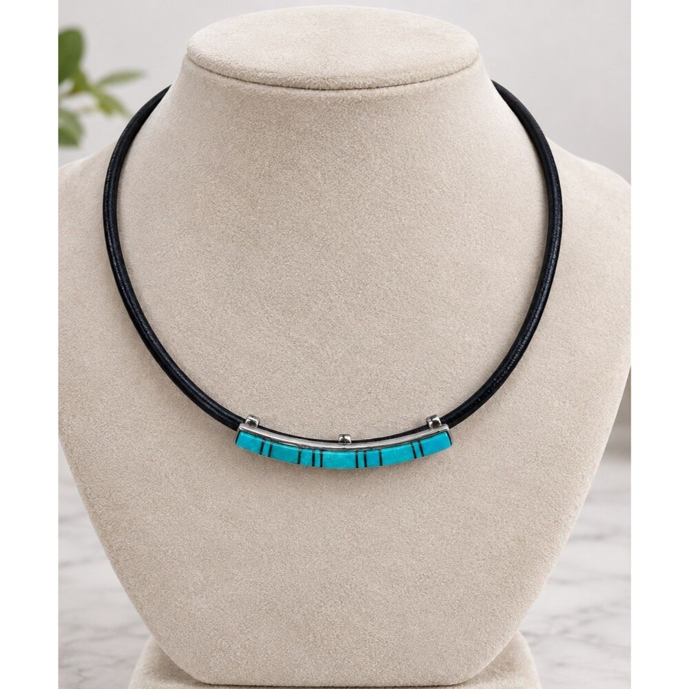 Vintage 925 Sterling Silver Turquoise Inlay Bar Black Leather Cord Necklace